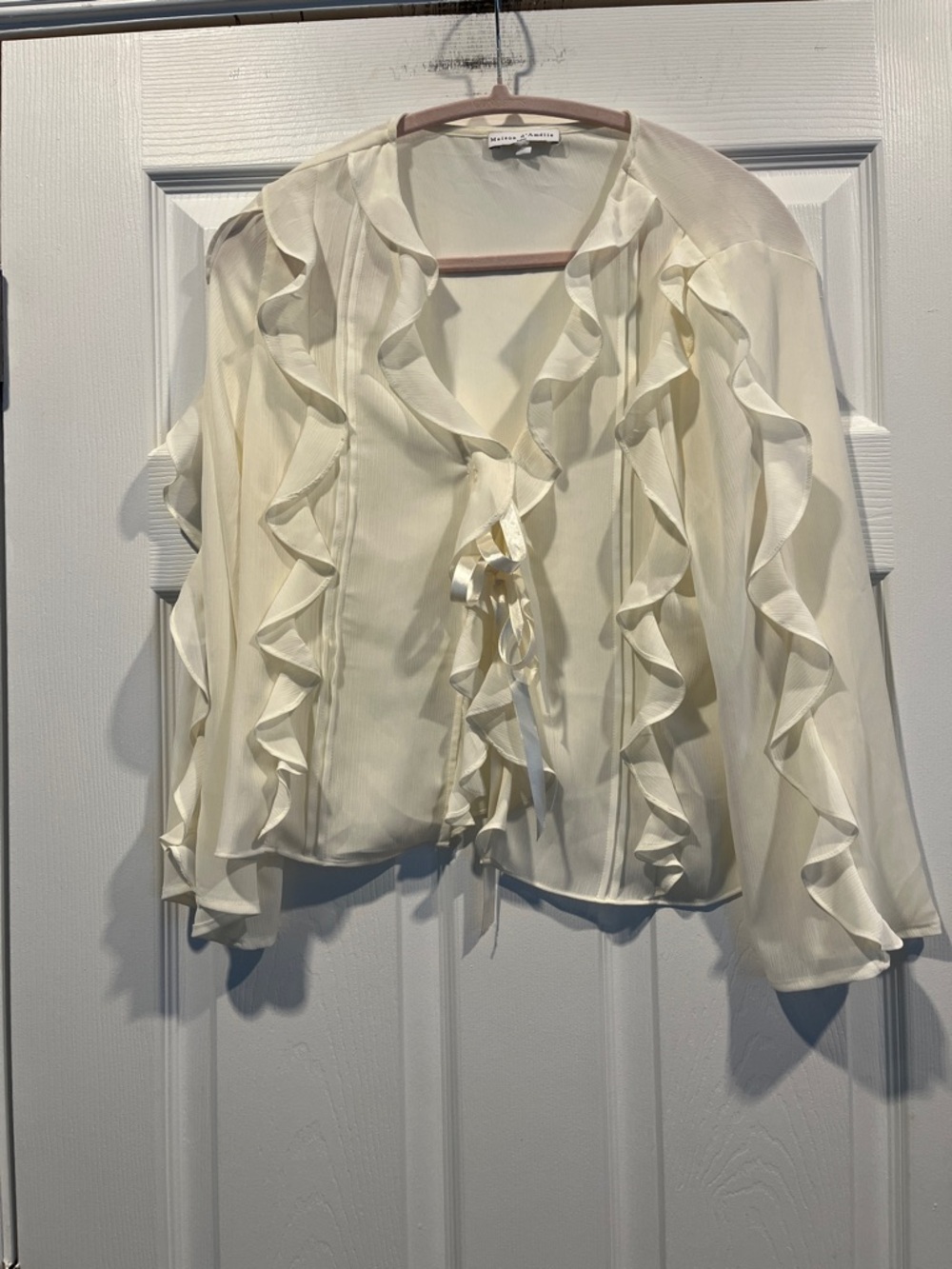 Maison D’ Amelie‎ Sheer Ruffled Tie-Front Blouse in Ivory. Coquette